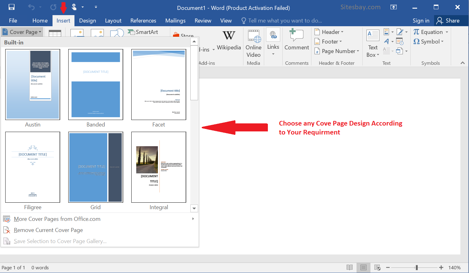 insert cover page in word