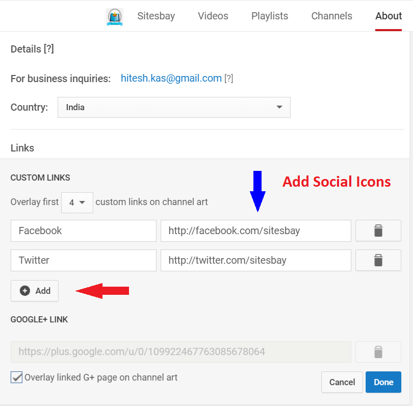 Add facebook button on youtube channel